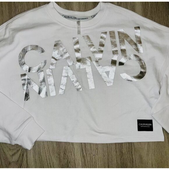 CALVIN KLEIN  LONG SLEEVE SILVER WHITE CROP PULLOVER SWEATER SIZE S - Picture 4 of 7